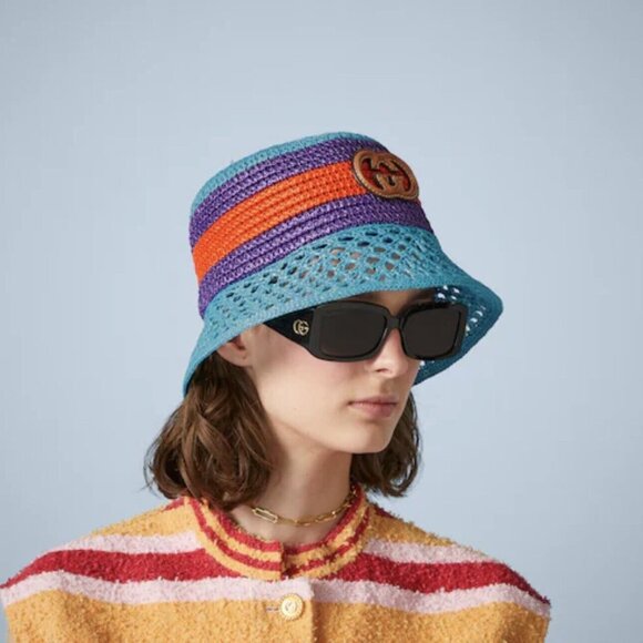 NWT GUCCI  Gg-Logo Striped Faux-Raffia Hat $750 SZ S Bucket Purple Blue Red - Picture 2 of 10